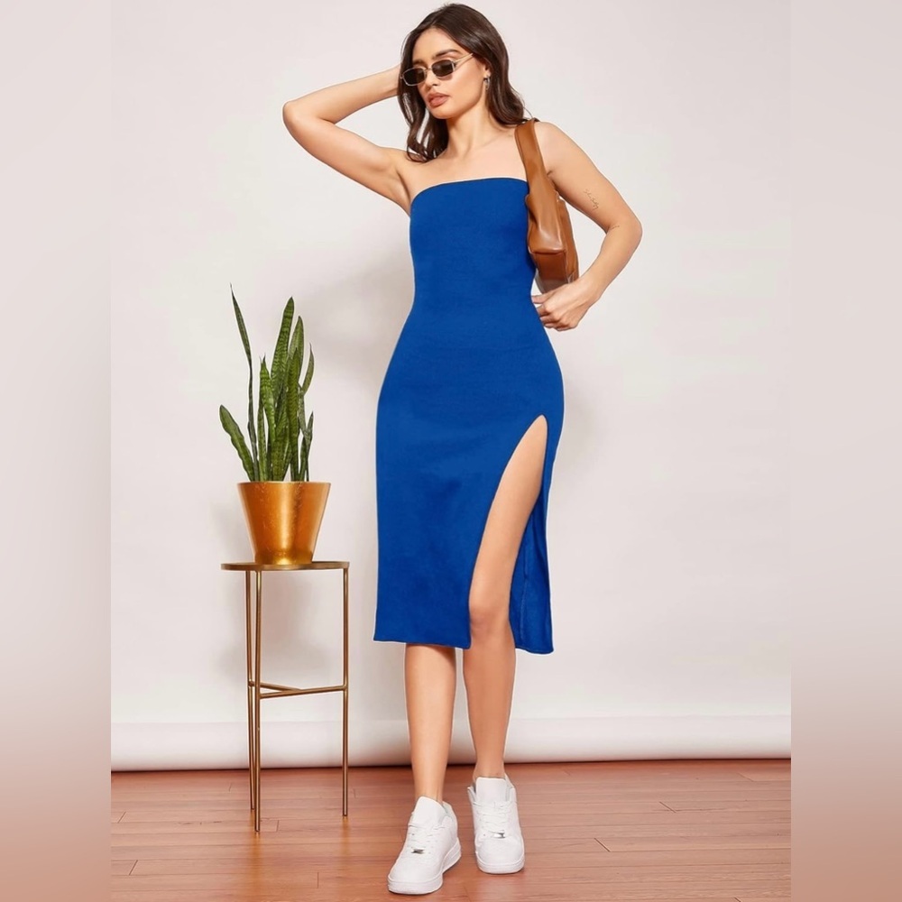 Floerns Women's Solid Strapless Split Thigh Tube Dress Side Slit Bodycon Midi